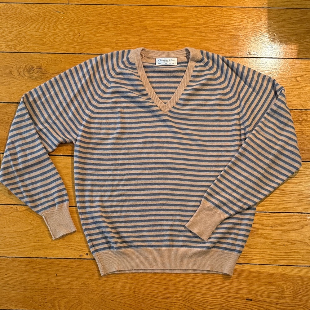 Dior Men’s V-Neck Striped Knit Sweater in Beige and Blue